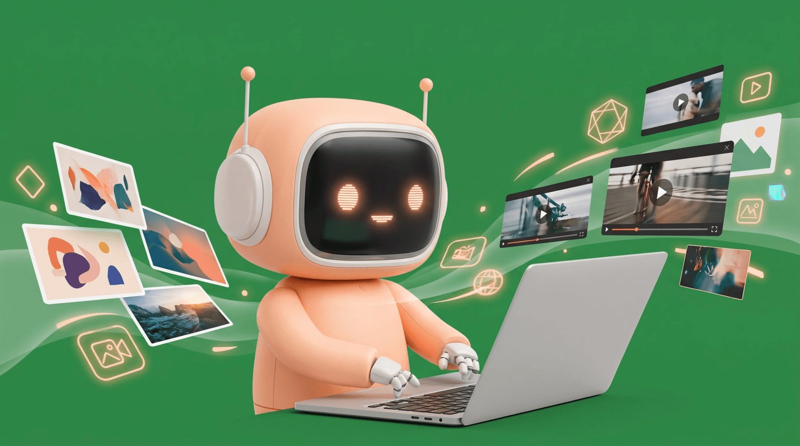Kuulun robottihahmo kirjoittaa kannettavalla, ja sen ympärillä leijuu kuvia ja videoita.