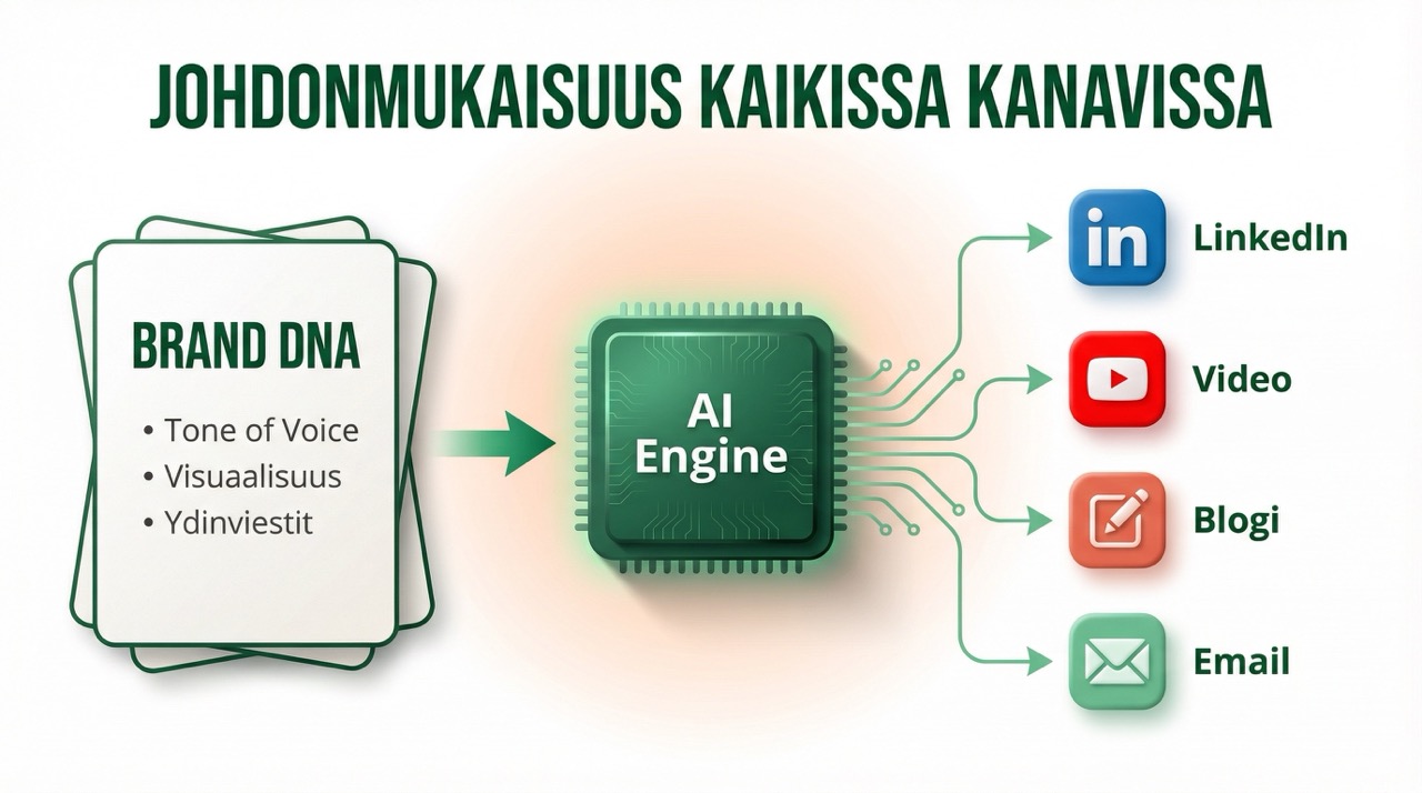 Johdonmukaisuus kaikissa kanavissa: Brand DNA → AI Engine → LinkedIn, Video, Blogi, Email
