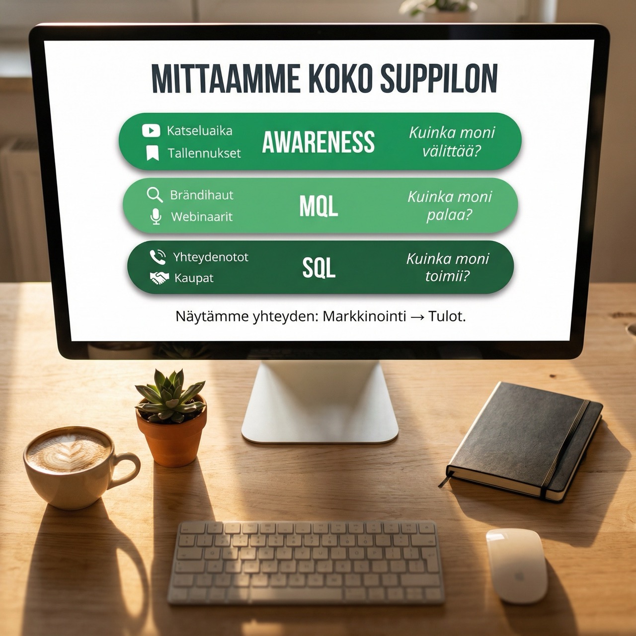 Mittaamme koko suppilon: Awareness, MQL, SQL – Markkinointi → Tulot