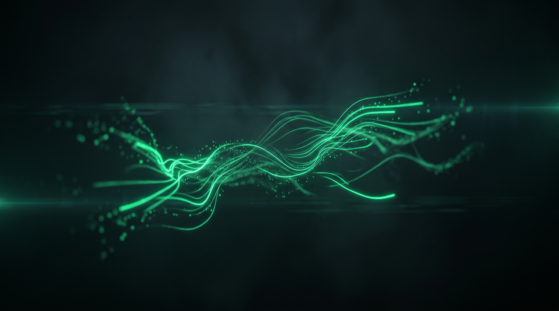 Abstrakti neon-vihreä datavirta pimeässä taustassa, kuvaa videoiden löydettävyyttä